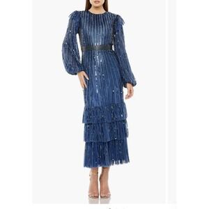 MAC DUGGAL 23003 LONG SLEEVE RUFFLE DETAIL SEQUIN MIDNIGHT BLUE DRESS  Size 8